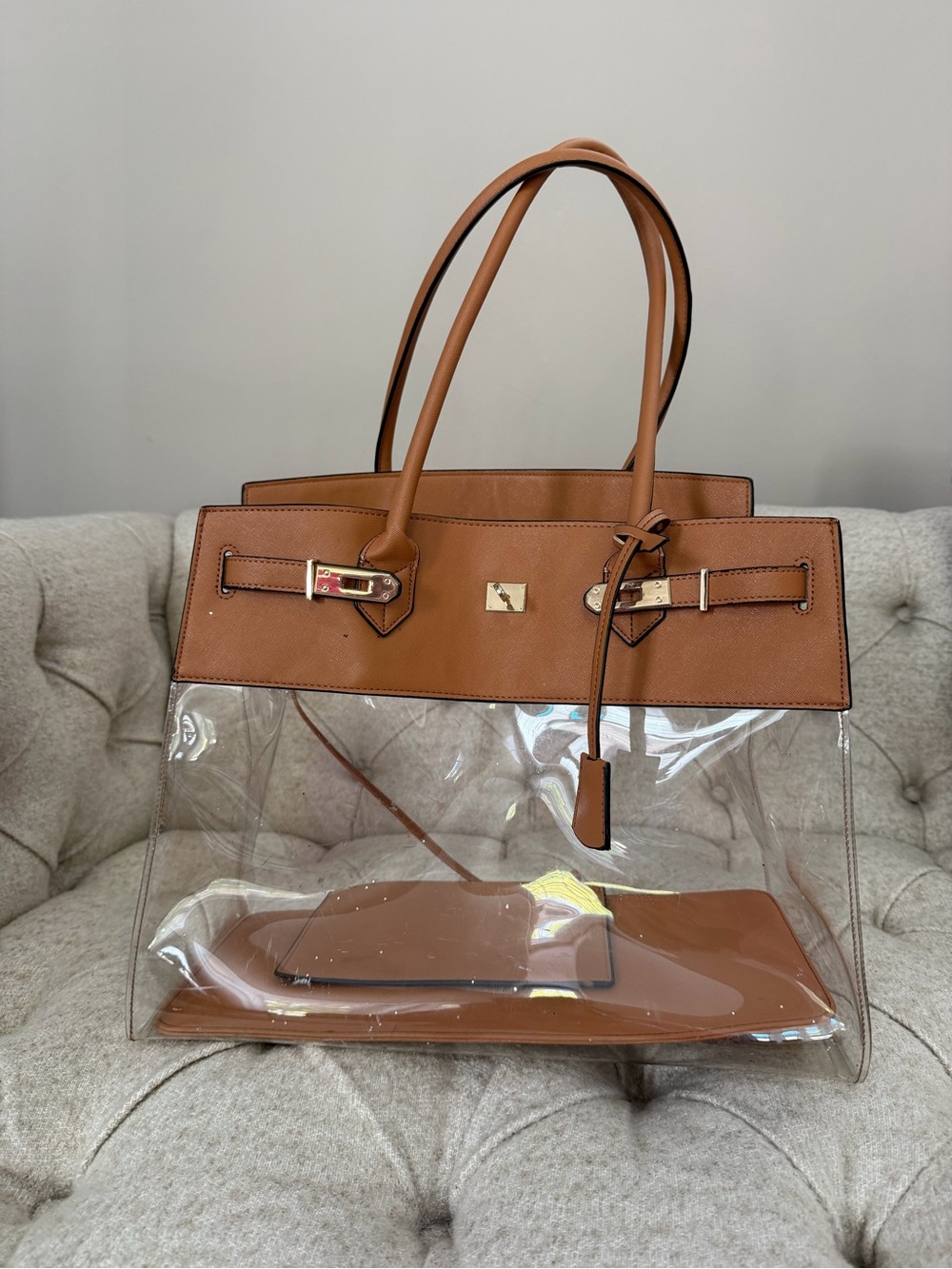 Clear Tote Bag with Brown Trim and Handles